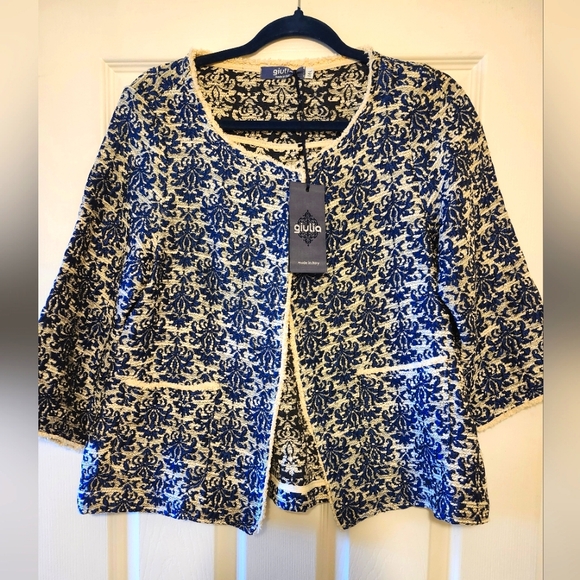 NWT GIULIA MADE IN ITALY METALLIC BLUE CREAM CLASSIC TAPESTRY JACKET M/L - Picture 1 of 8